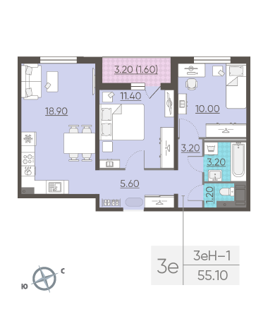Двухкомнатная квартира 55.1 м²