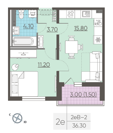 Однокомнатная квартира 36.3 м²