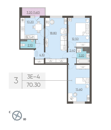 Трёхкомнатная квартира 70.3 м²