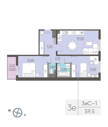 Двухкомнатная квартира 59.5 м²