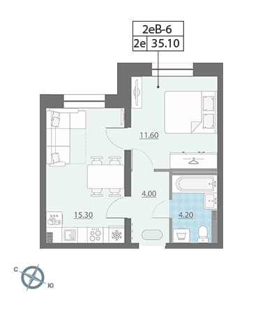 Однокомнатная квартира 35.1 м²