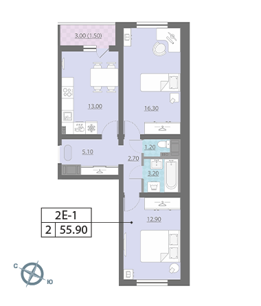 Двухкомнатная квартира 55.9 м²