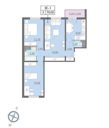 Трёхкомнатная квартира 69.9 м²