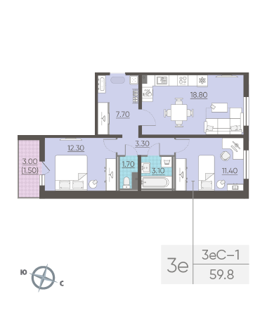 Двухкомнатная квартира 59.8 м²