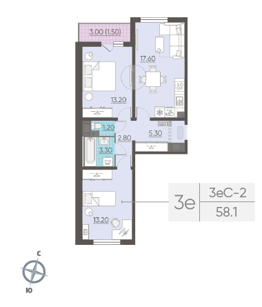 Двухкомнатная квартира 58.1 м²