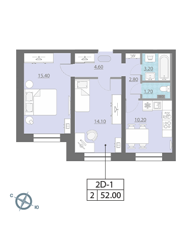 Двухкомнатная квартира 52 м²