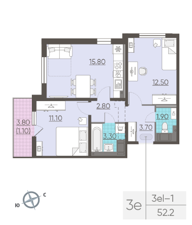 Двухкомнатная квартира 52.2 м²
