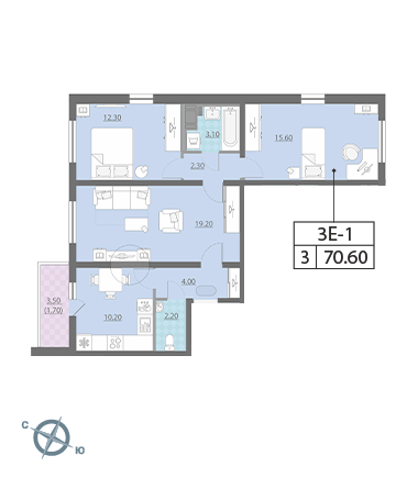 Трёхкомнатная квартира 70.6 м²