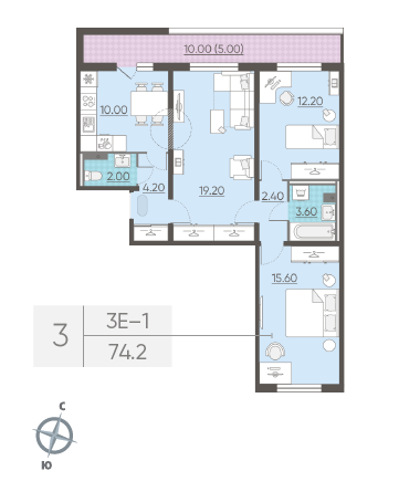 Трёхкомнатная квартира 74.2 м²