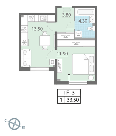 Однокомнатная квартира 32.9 м²
