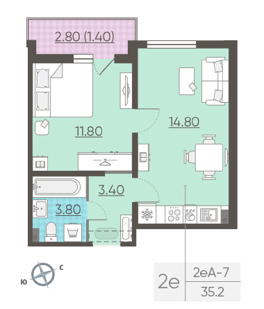 Однокомнатная квартира 35.2 м²
