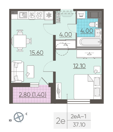 Однокомнатная квартира 37.1 м²