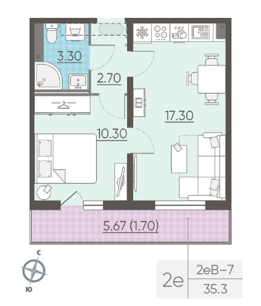 Однокомнатная квартира 35.3 м²