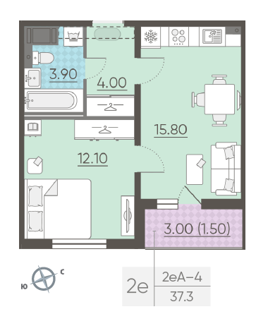 Однокомнатная квартира 37.3 м²