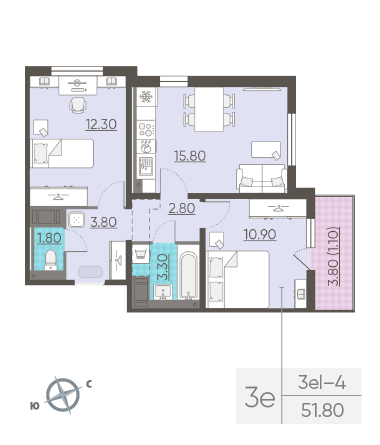 Двухкомнатная квартира 51.8 м²