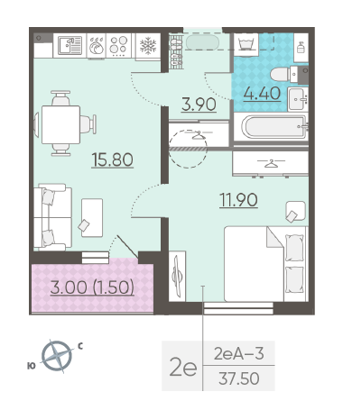Однокомнатная квартира 37.5 м²