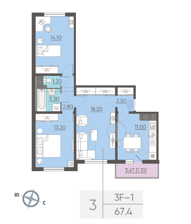 Трёхкомнатная квартира 67.4 м²