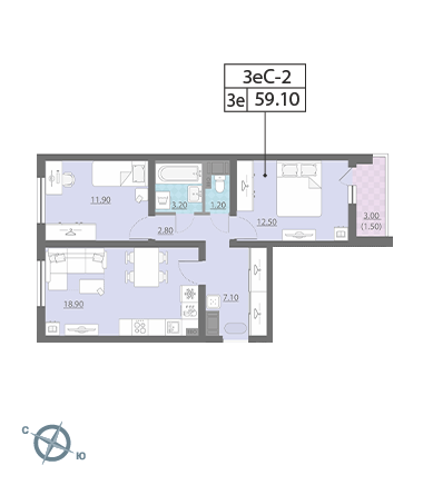 Двухкомнатная квартира 59.1 м²