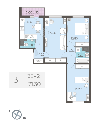 Трёхкомнатная квартира 71.3 м²