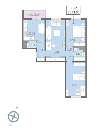 Трёхкомнатная квартира 71.2 м²