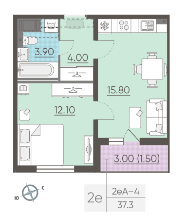 Однокомнатная квартира 37.3 м²
