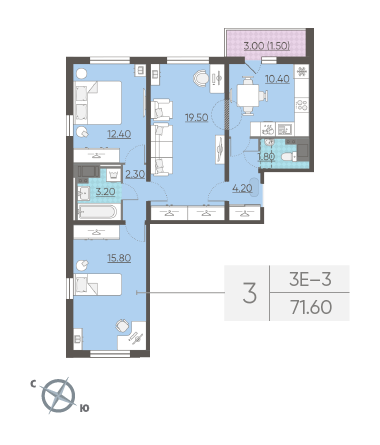 Трёхкомнатная квартира 71.6 м²