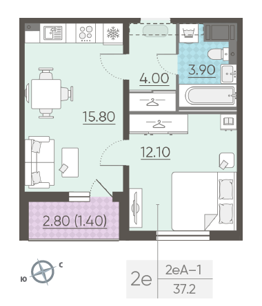 Однокомнатная квартира 37.2 м²