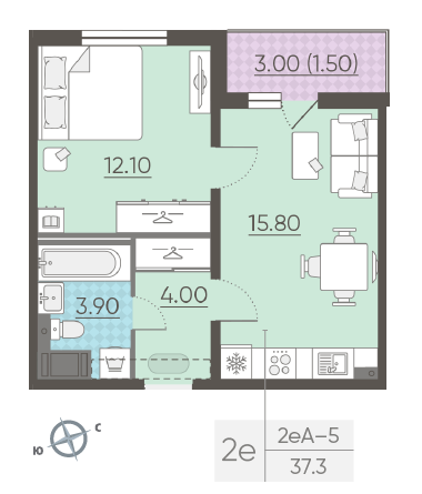 Однокомнатная квартира 37.3 м²