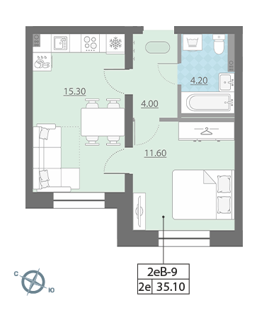 Однокомнатная квартира 35.1 м²