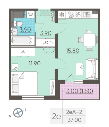 Однокомнатная квартира 37 м²