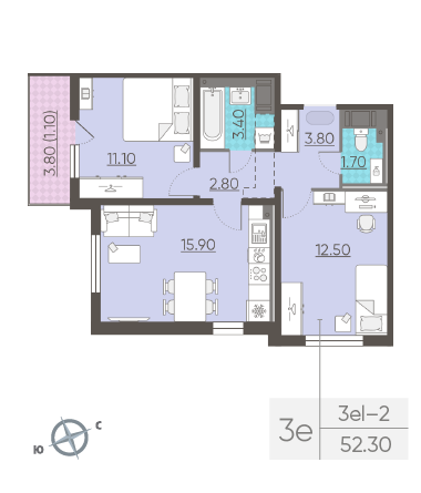 Двухкомнатная квартира 52.3 м²