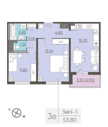 Двухкомнатная квартира 53.8 м²