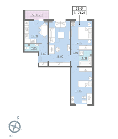 Трёхкомнатная квартира 74.3 м²